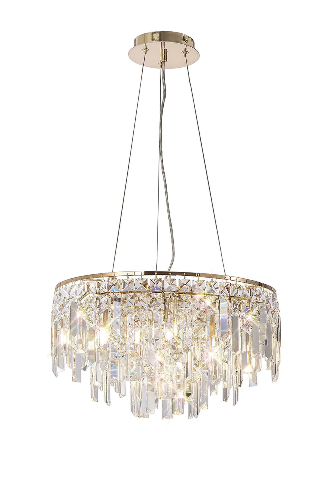 Maddison French Gold Crystal Ceiling Lights Diyas Ringed & Square Crystal Fittings